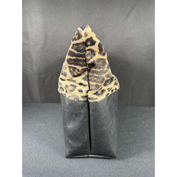 Leopard Print & Faux Black Leather Large Bag Handmade One of Kind Travel Case - Picture 4 of 6